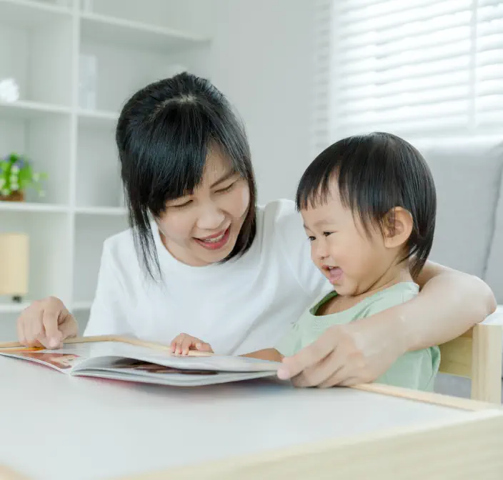 A mother reading her child a story
